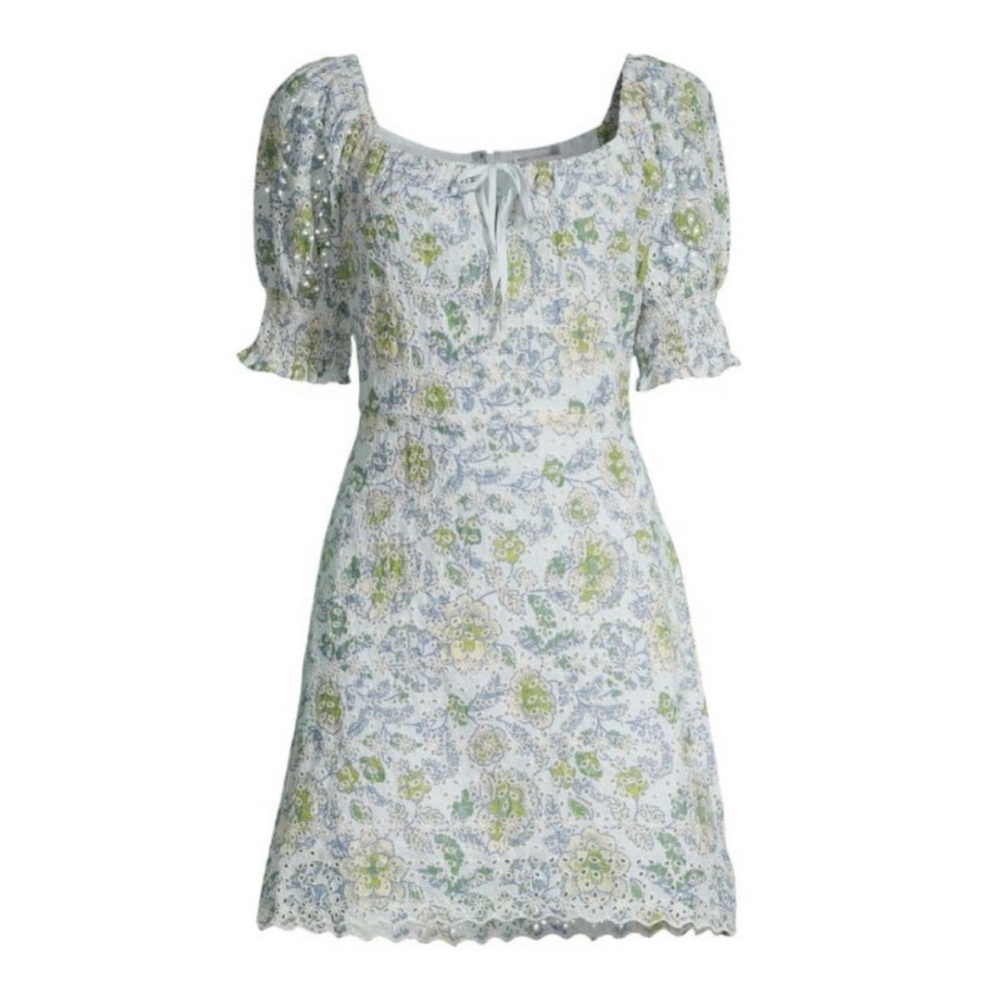 7 For All Mankind Floral Puff Sleeve Mini Dress Cottagecore Garden Party Eyelet